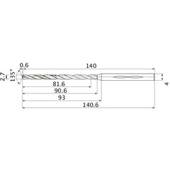 MHS0270L090B VP15TF 2.7 mm Dia. × 4 mm Shank × 90.6 mm Flute Length × 140.6 mm OAL, 135°, 2 Flute, Coolant Thru, Solid Carbide Drill