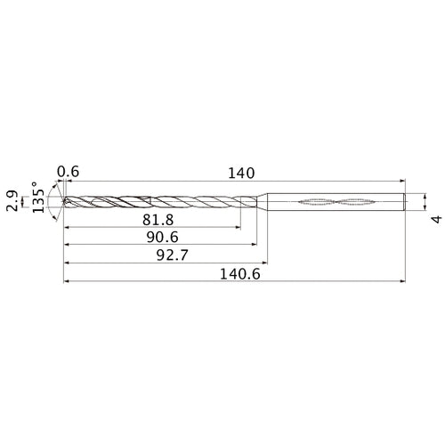 MHS0290L090B VP15TF 2.9 mm Dia. × 4 mm Shank × 90.6 mm Flute Length × 140.6 mm OAL, 135°, 2 Flute, Coolant Thru, Solid Carbide Drill