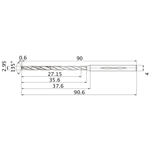 MHS0295L035B VP15TF 2.95 mm Dia. × 4 mm Shank × 35.6 mm Flute Length × 90.6 mm OAL, 135°, 2 Flute, Coolant Thru, Solid Carbide Drill