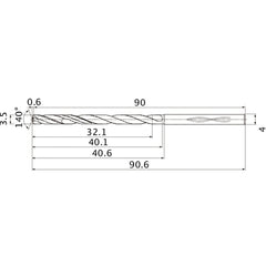 MHS0350L040B VP15TF 3.5 mm Dia. × 4 mm Shank × 40.1 mm Flute Length × 90.6 mm OAL, 140°, 2 Flute, Coolant Thru, Solid Carbide Drill