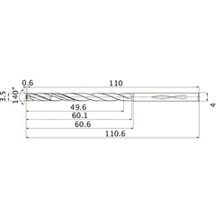 MHS0350L060B VP15TF 3.5 mm Dia. × 4 mm Shank × 60.1 mm Flute Length × 110.6 mm OAL, 140°, 2 Flute, Coolant Thru, Solid Carbide Drill