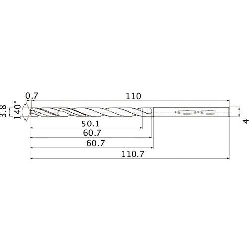 MHS0380L060B VP15TF 3.8 mm Dia. × 4 mm Shank × 60.7 mm Flute Length × 110.7 mm OAL, 140°, 2 Flute, Coolant Thru, Solid Carbide Drill