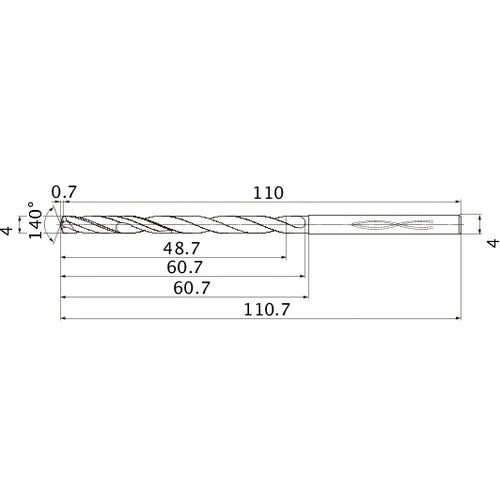 MHS0400L060B VP15TF 4 mm Dia. × 4 mm Shank × 60.7 mm Flute Length × 110.7 mm OAL, 140°, 2 Flute, Coolant Thru, Solid Carbide Drill