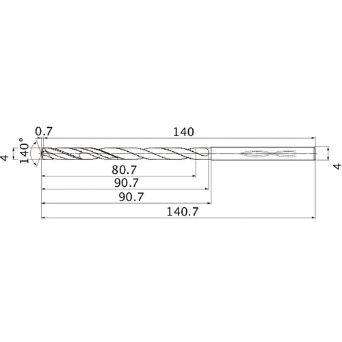 MHS0400L090B VP15TF 4 mm Dia. × 4 mm Shank × 90.7 mm Flute Length × 140.7 mm OAL, 140°, 2 Flute, Coolant Thru, Solid Carbide Drill