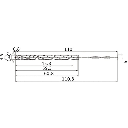 MHS0450L060B VP15TF 4.5 mm Dia. × 6 mm Shank × 59.3 mm Flute Length × 110.8 mm OAL, 140°, 2 Flute, Coolant Thru, Solid Carbide Drill