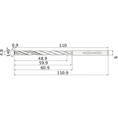 MHS0480L060B VP15TF 4.8 mm Dia. × 6 mm Shank × 59.9 mm Flute Length × 110.9 mm OAL, 140°, 2 Flute, Coolant Thru, Solid Carbide Drill