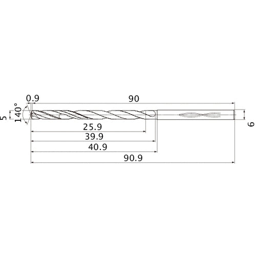 MHS0500L040B VP15TF 5 mm Dia. × 6 mm Shank × 39.9 mm Flute Length × 90.9 mm OAL, 140°, 2 Flute, Coolant Thru, Solid Carbide Drill