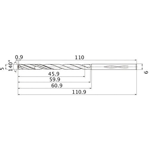 MHS0500L060B VP15TF 5 mm Dia. × 6 mm Shank × 59.9 mm Flute Length × 110.9 mm OAL, 140°, 2 Flute, Coolant Thru, Solid Carbide Drill