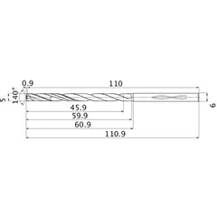 MHS0500L060B VP15TF 5 mm Dia. × 6 mm Shank × 59.9 mm Flute Length × 110.9 mm OAL, 140°, 2 Flute, Coolant Thru, Solid Carbide Drill