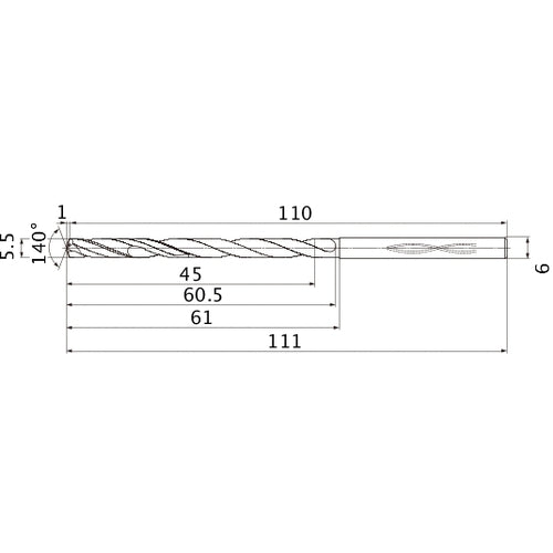 MHS0550L060B VP15TF 5.5 mm Dia. × 6 mm Shank × 60.5 mm Flute Length × 111 mm OAL, 140°, 2 Flute, Coolant Thru, Solid Carbide Drill