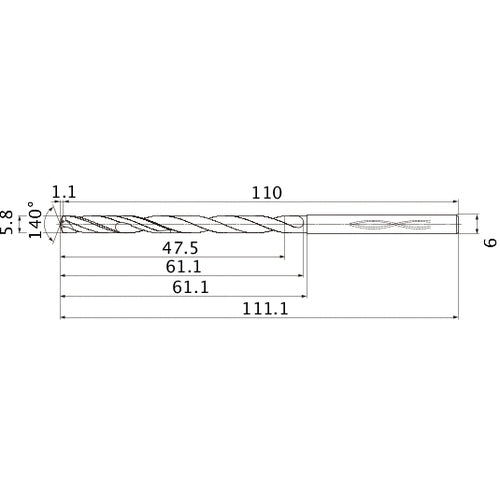 MHS0580L060B VP15TF 5.8 mm Dia. × 6 mm Shank × 61.1 mm Flute Length × 111.1 mm OAL, 140°, 2 Flute, Coolant Thru, Solid Carbide Drill