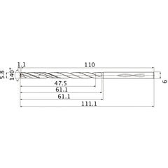 MHS0580L060B VP15TF 5.8 mm Dia. × 6 mm Shank × 61.1 mm Flute Length × 111.1 mm OAL, 140°, 2 Flute, Coolant Thru, Solid Carbide Drill