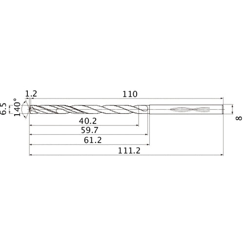 MHS0650L060B VP15TF 6.5 mm Dia. × 8 mm Shank × 59.7 mm Flute Length × 111.2 mm OAL, 140°, 2 Flute, Coolant Thru, Solid Carbide Drill