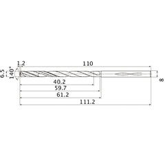 MHS0650L060B VP15TF 6.5 mm Dia. × 8 mm Shank × 59.7 mm Flute Length × 111.2 mm OAL, 140°, 2 Flute, Coolant Thru, Solid Carbide Drill