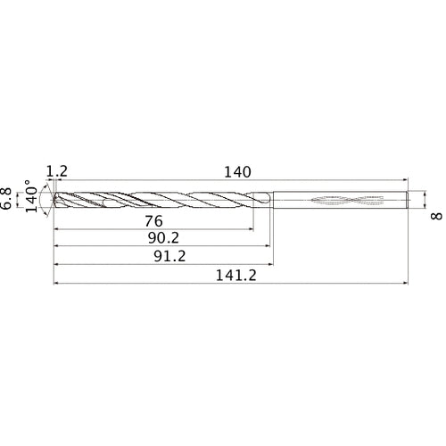 MHS0680L090B VP15TF 6.8 mm Dia. × 8 mm Shank × 90.2 mm Flute Length × 141.2 mm OAL, 140°, 2 Flute, Coolant Thru, Solid Carbide Drill