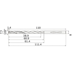 MHS0750L060B VP15TF 7.5 mm Dia. × 8 mm Shank × 60.9 mm Flute Length × 111.4 mm OAL, 140°, 2 Flute, Coolant Thru, Solid Carbide Drill