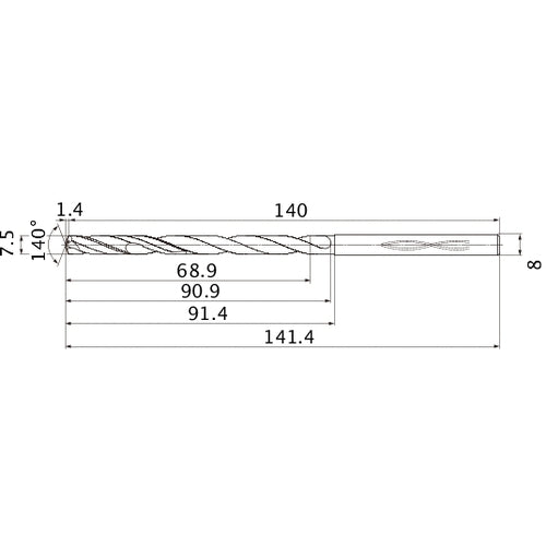 MHS0750L090B VP15TF 7.5 mm Dia. × 8 mm Shank × 90.9 mm Flute Length × 141.4 mm OAL, 140°, 2 Flute, Coolant Thru, Solid Carbide Drill