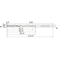 MHS0800L060B VP15TF 8 mm Dia. × 8 mm Shank × 61.5 mm Flute Length × 111.5 mm OAL, 140°, 2 Flute, Coolant Thru, Solid Carbide Drill