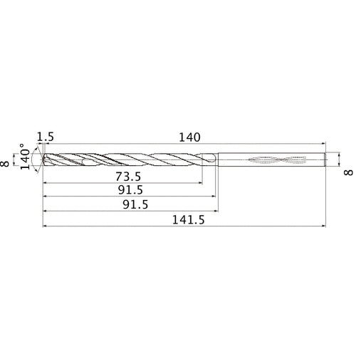 MHS0800L090B VP15TF 8 mm Dia. × 8 mm Shank × 91.5 mm Flute Length × 141.5 mm OAL, 140°, 2 Flute, Coolant Thru, Solid Carbide Drill