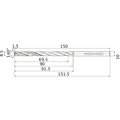 MHS0850L090B VP15TF 8.5 mm Dia. × 10 mm Shank × 90 mm Flute Length × 151.5 mm OAL, 140°, 2 Flute, Coolant Thru, Solid Carbide Drill