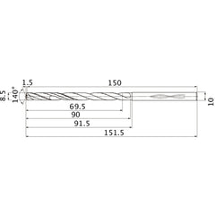 MHS0850L090B VP15TF 8.5 mm Dia. × 10 mm Shank × 90 mm Flute Length × 151.5 mm OAL, 140°, 2 Flute, Coolant Thru, Solid Carbide Drill