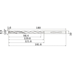 MHS0880L120B VP15TF 8.8 mm Dia. × 10 mm Shank × 120.6 mm Flute Length × 181.6 mm OAL, 140°, 2 Flute, Coolant Thru, Solid Carbide Drill