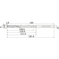 MHS0900L120B VP15TF 9 mm Dia. × 10 mm Shank × 120.6 mm Flute Length × 181.6 mm OAL, 140°, 2 Flute, Coolant Thru, Solid Carbide Drill