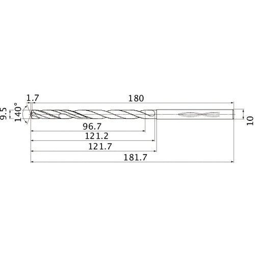 MHS0950L120B VP15TF 9.5 mm Dia. × 10 mm Shank × 121.2 mm Flute Length × 181.7 mm OAL, 140°, 2 Flute, Coolant Thru, Solid Carbide Drill