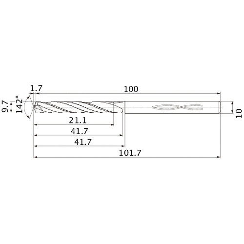 MHS0970L040B VP15TF 9.7 mm Dia. × 10 mm Shank × 41.7 mm Flute Length × 101.7 mm OAL, 142°, 2 Flute, Coolant Thru, Solid Carbide Drill