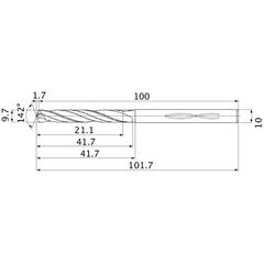 MHS0970L040B VP15TF 9.7 mm Dia. × 10 mm Shank × 41.7 mm Flute Length × 101.7 mm OAL, 142°, 2 Flute, Coolant Thru, Solid Carbide Drill