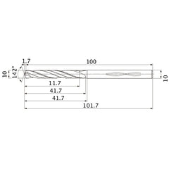 MHS1000L040B VP15TF 10 mm Dia. × 10 mm Shank × 41.7 mm Flute Length × 101.7 mm OAL, 142°, 2 Flute, Coolant Thru, Solid Carbide Drill