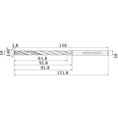 MHS1000L090B VP15TF 10 mm Dia. × 10 mm Shank × 91.8 mm Flute Length × 151.8 mm OAL, 140°, 2 Flute, Coolant Thru, Solid Carbide Drill