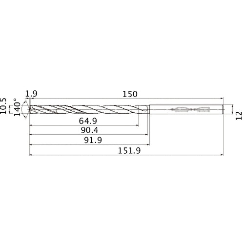 MHS1050L090B VP15TF 10.5 mm Dia. × 12 mm Shank × 90.4 mm Flute Length × 151.9 mm OAL, 140°, 2 Flute, Coolant Thru, Solid Carbide Drill