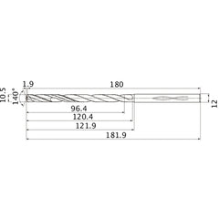 MHS1050L120B VP15TF 10.5 mm Dia. × 12 mm Shank × 120.4 mm Flute Length × 181.9 mm OAL, 140°, 2 Flute, Coolant Thru, Solid Carbide Drill