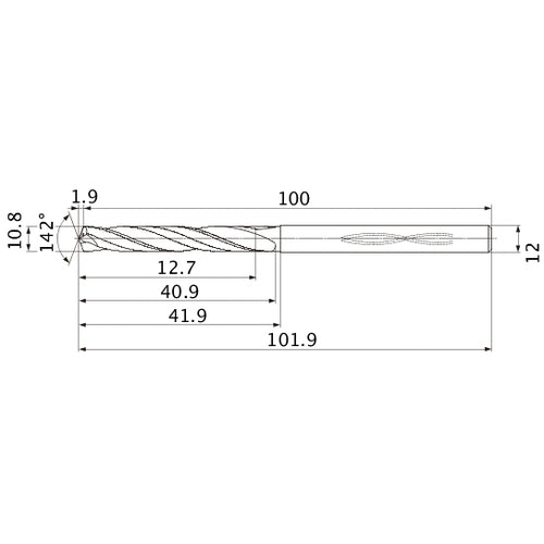 MHS1080L040B VP15TF 10.8 mm Dia. × 12 mm Shank × 40.9 mm Flute Length × 101.9 mm OAL, 142°, 2 Flute, Coolant Thru, Solid Carbide Drill