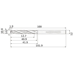 MHS1080L040B VP15TF 10.8 mm Dia. × 12 mm Shank × 40.9 mm Flute Length × 101.9 mm OAL, 142°, 2 Flute, Coolant Thru, Solid Carbide Drill