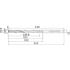MHS1080L150B VP15TF 10.8 mm Dia. × 12 mm Shank × 151 mm Flute Length × 212 mm OAL, 140°, 2 Flute, Coolant Thru, Solid Carbide Drill