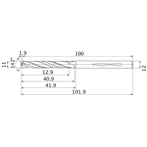 MHS1100L040B VP15TF 11 mm Dia. × 12 mm Shank × 40.9 mm Flute Length × 101.9 mm OAL, 142°, 2 Flute, Coolant Thru, Solid Carbide Drill