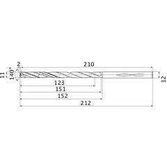 MHS1100L150B VP15TF 11 mm Dia. × 12 mm Shank × 151 mm Flute Length × 212 mm OAL, 140°, 2 Flute, Coolant Thru, Solid Carbide Drill