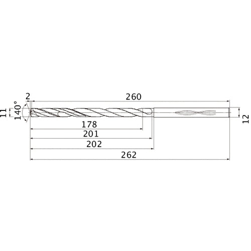 MHS1100L200B VP15TF 11 mm Dia. × 12 mm Shank × 201 mm Flute Length × 262 mm OAL, 140°, 2 Flute, Coolant Thru, Solid Carbide Drill