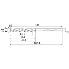 MHS1200L040B VP15TF 12 mm Dia. × 12 mm Shank × 42.1 mm Flute Length × 102.1 mm OAL, 142°, 2 Flute, Coolant Thru, Solid Carbide Drill