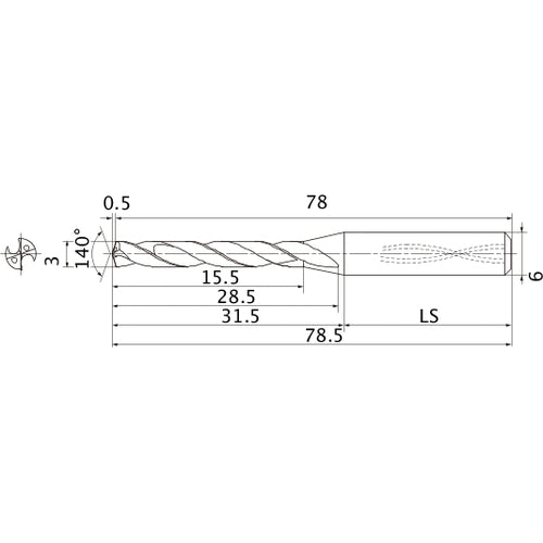 MMS0300X5DB DP7020 3 mm Dia. × 6 mm Shank × 28.5 mm Flute Length × 78.5 mm OAL, 140°, 2 Flute, Coolant Thru, Solid Carbide Drill