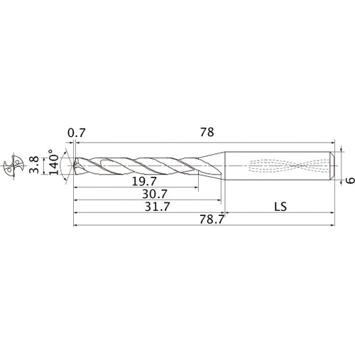 MMS0380X5DB DP7020 3.8 mm Dia. × 6 mm Shank × 30.7 mm Flute Length × 78.7 mm OAL, 140°, 2 Flute, Coolant Thru, Solid Carbide Drill