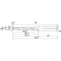 MMS0390X5DB DP7020 3.9 mm Dia. × 6 mm Shank × 30.7 mm Flute Length × 78.7 mm OAL, 140°, 2 Flute, Coolant Thru, Solid Carbide Drill