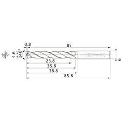 MMS0460X5DB DP7020 4.6 mm Dia. × 6 mm Shank × 35.8 mm Flute Length × 85.8 mm OAL, 140°, 2 Flute, Coolant Thru, Solid Carbide Drill