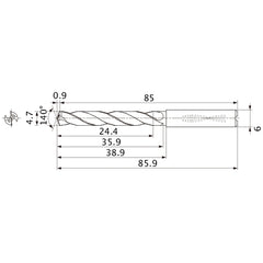 MMS0470X5DB DP7020 4.7 mm Dia. × 6 mm Shank × 35.9 mm Flute Length × 85.9 mm OAL, 140°, 2 Flute, Coolant Thru, Solid Carbide Drill