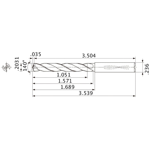 MMS0516X5D060 DP7020 0.2031″ Dia. × 0.236″ Shank × 1.571″ Flute Length × 3.539″ OAL, 140°, 2 Flute, Coolant Thru, Solid Carbide Drill