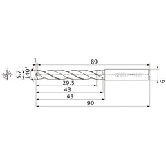 MMS0570X5DB DP7020 5.7 mm Dia. × 6 mm Shank × 43 mm Flute Length × 90 mm OAL, 140°, 2 Flute, Coolant Thru, Solid Carbide Drill