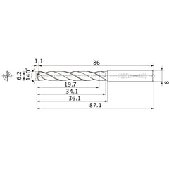 MMS0620X3DB DP7020 6.2 mm Dia. × 8 mm Shank × 34.1 mm Flute Length × 87.1 mm OAL, 140°, 2 Flute, Coolant Thru, Solid Carbide Drill