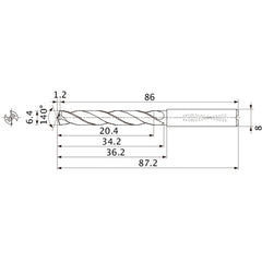 MMS0640X3DB DP7020 6.4 mm Dia. × 8 mm Shank × 34.2 mm Flute Length × 87.2 mm OAL, 140°, 2 Flute, Coolant Thru, Solid Carbide Drill